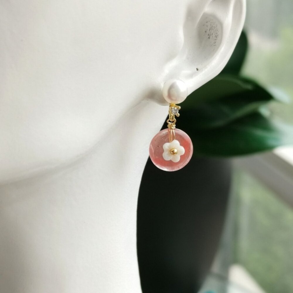White Freshwater Pearl Rhodochrosite Carved Mother of Pearl Earrings